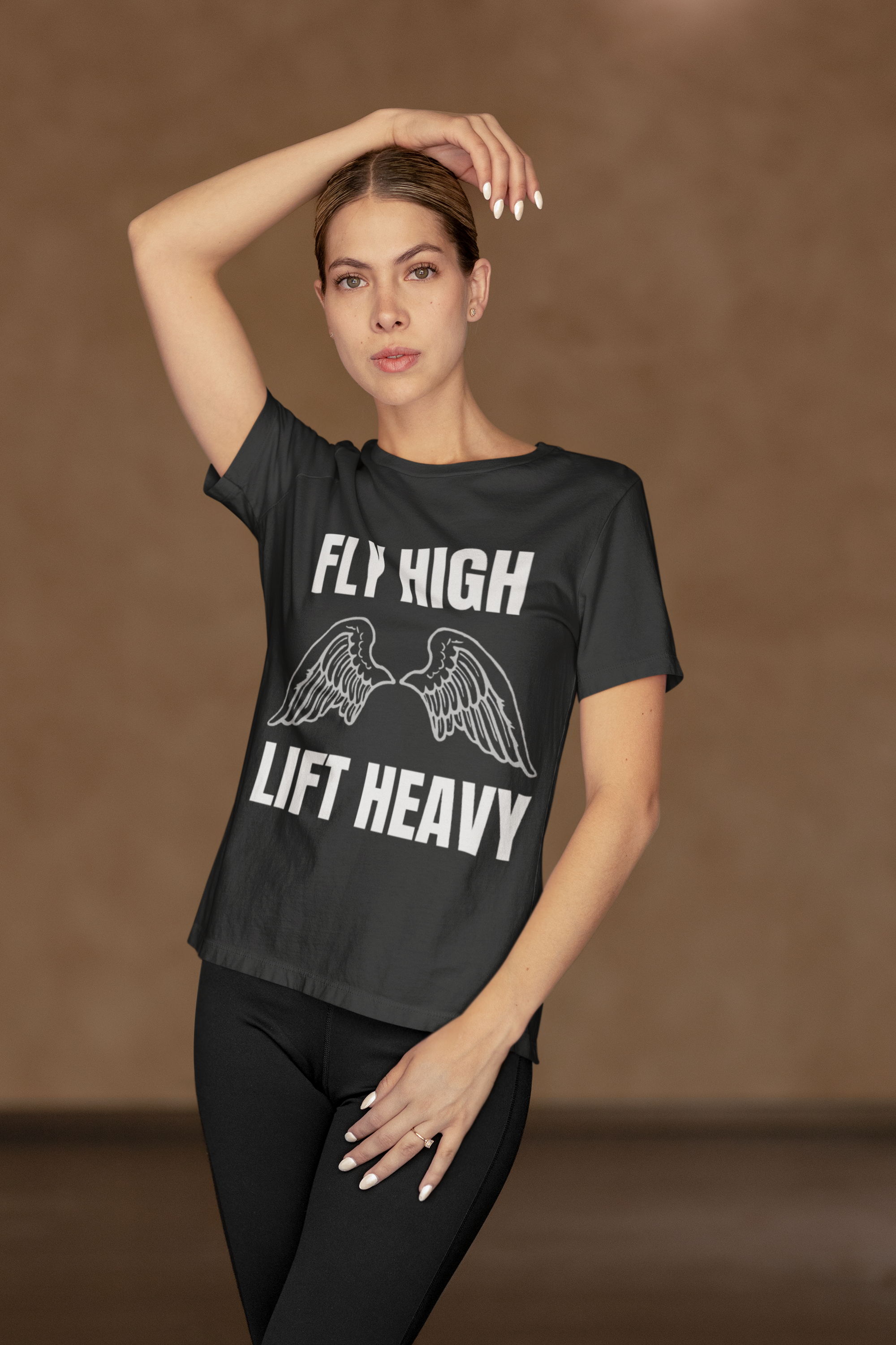 Fly High Lift Heavy black travel gym t-shirt on female model — Dumbbells & Hotels road warrior apparel designed by pilots