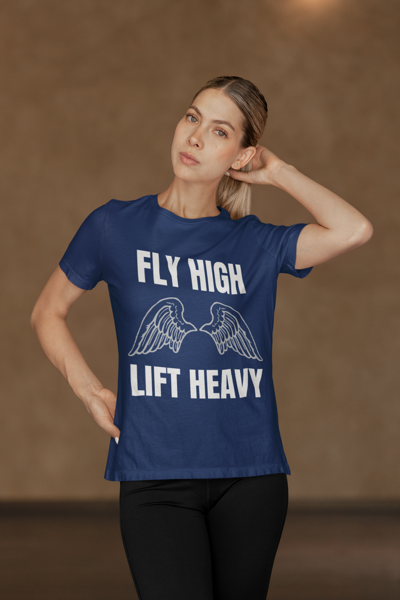 Fly High Lift Heavy navy travel gym t-shirt on female model — Dumbbells & Hotels capsule wardrobe for flight attendants