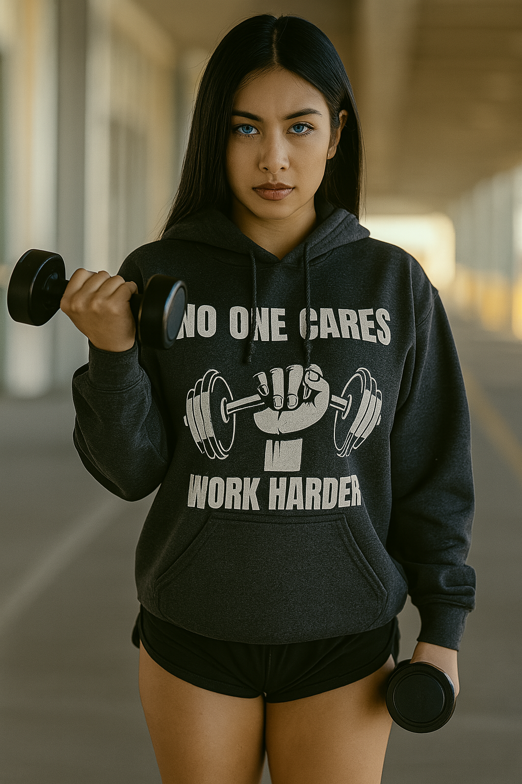 A photograph of a young Asian woman with long, straight black hair and blue eyes, wearing a dark heather Gildan 18500 unisex hoodie with a "No One Cares, Work Harder" dumbbell graphic. She is mid-curl in a dynamic gym pose, standing waist-up in front of an airport terminal. The hoodie is paired with shorts, and the morning sunlight casts dramatic cinematic lighting. Ideal for fitness apparel branding for traveling professionals including pilots, flight attendants, and nurses.

