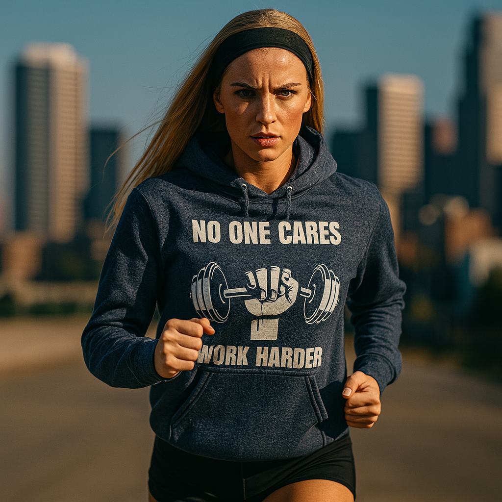Blonde female model (18–25) jogging in place against a city skyline, wearing a tailored heather sport dark navy Gildan 18500 unisex hoodie (50% cotton, 50% poly) with the white “No One Cares / Work Harder” dumbbell graphic centered on the front

