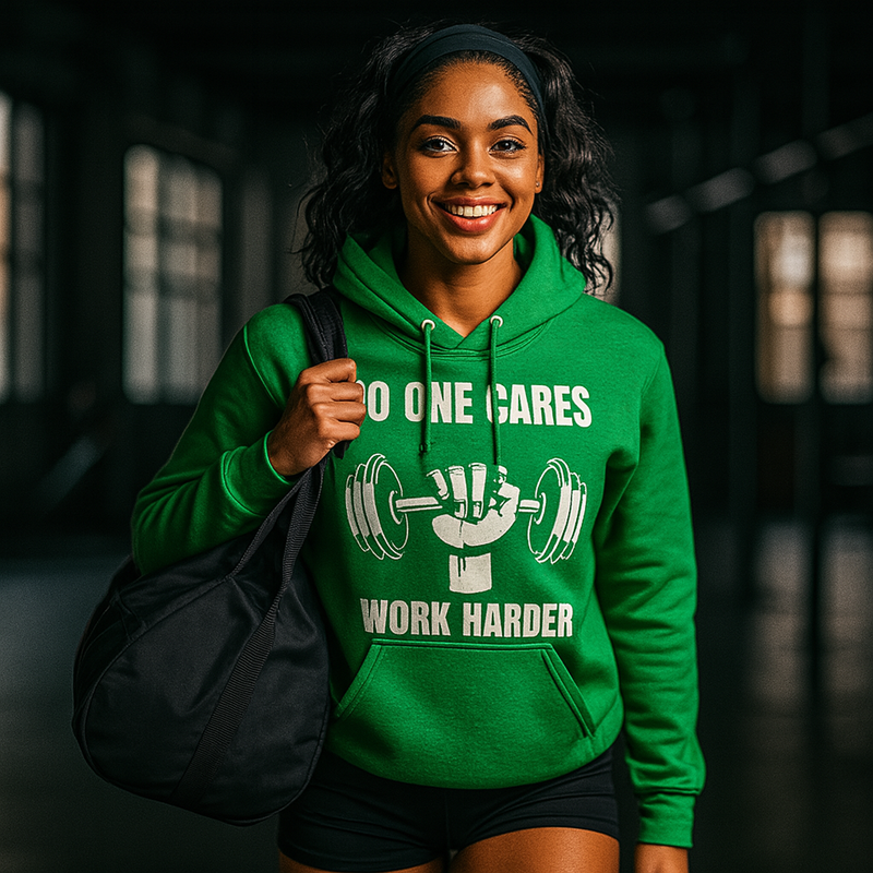 Young African American woman (18–25) standing waist-up in a gym interior, smiling at the camera while carrying a black duffel bag, wearing a tailored Irish green Gildan 18500 hoodie (50% cotton, 50% poly) with the white “No One Cares / Work Harder” dumbbell graphic

