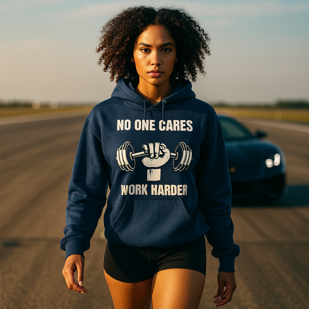 Medium-skinned multi-ethnic female model walking toward the camera on an airport runway, wearing an indigo Gildan 18500 unisex hoodie with a white “No One Cares / Work Harder” dumbbell graphic, with a luxury sports car blurred in the background

