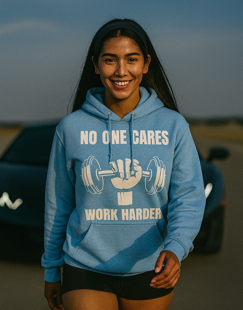 American Indian woman (18–25) walking toward camera on a sunlit airport runway, wearing a tailored light blue Gildan 18500 unisex hoodie (50% cotton, 50% poly) featuring a white “No One Cares / Work Harder” dumbbell graphic, paired with black shorts and a matching headband, with a blurred luxury sports car in the background

