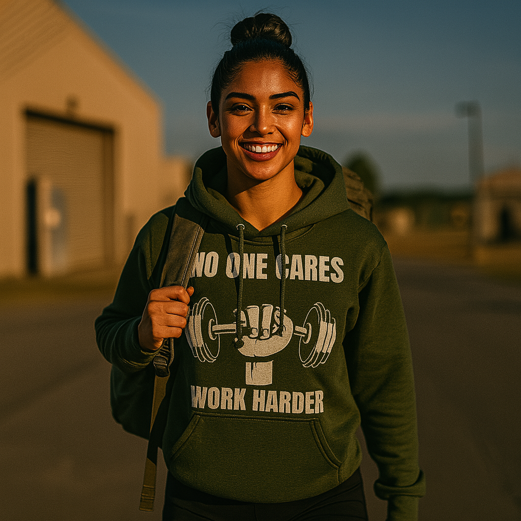 Waist-up view of a smiling Hispanic female (18–25) with dark skin and black hair in a bun, wearing a tailored military green Gildan 18500 hoodie (50% cotton, 50% poly) featuring a white “No One Cares / Work Harder” dumbbell graphic, carrying a rucksack on her back in a sunny military base setting

