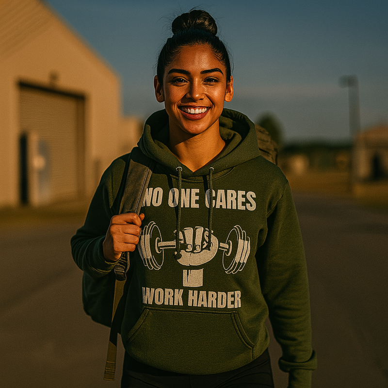 Waist-up view of a smiling Hispanic female (18–25) with dark skin and black hair in a bun, wearing a tailored military green Gildan 18500 hoodie (50% cotton, 50% poly) featuring a white “No One Cares / Work Harder” dumbbell graphic, carrying a rucksack on her back in a sunny military base setting

