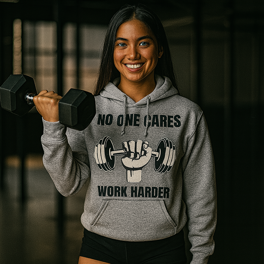 Fit Filipina woman (18–25) with long black hair and tan skin, smiling mid-dumbbell curl in a tailored sport gray Gildan 18500 hoodie (50% cotton, 50% poly) featuring the white “No One Cares / Work Harder” graphic, set against a softly lit gym interior