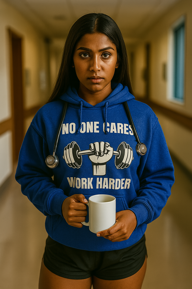 Female Middle Eastern nurse standing waist-up in a hospital hallway wearing a royal blue Gildan 18500 unisex hoodie with a dumbbell graphic; she holds a coffee mug and looks seriously at the camera under dramatic morning light.