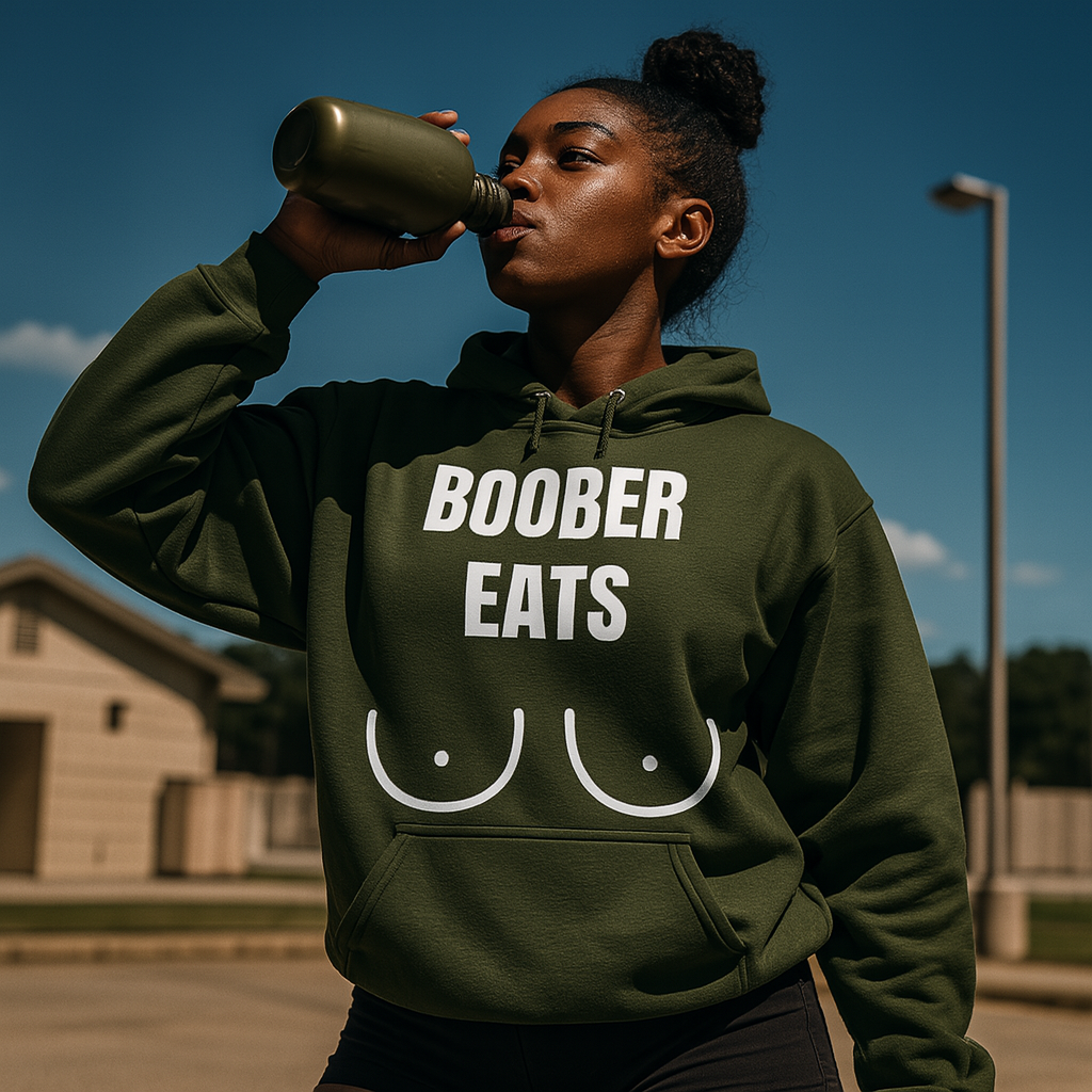 Athletic African-American woman (18–22) with deep skin tone and her hair in a top bun, drinking from an olive-drab canteen while wearing a tailored military green Gildan 18500 hoodie featuring the white “BOOBER EATS” graphic at center front, waist-up in a sunny military installation setting, captured from a low angle with dramatic midday light.

