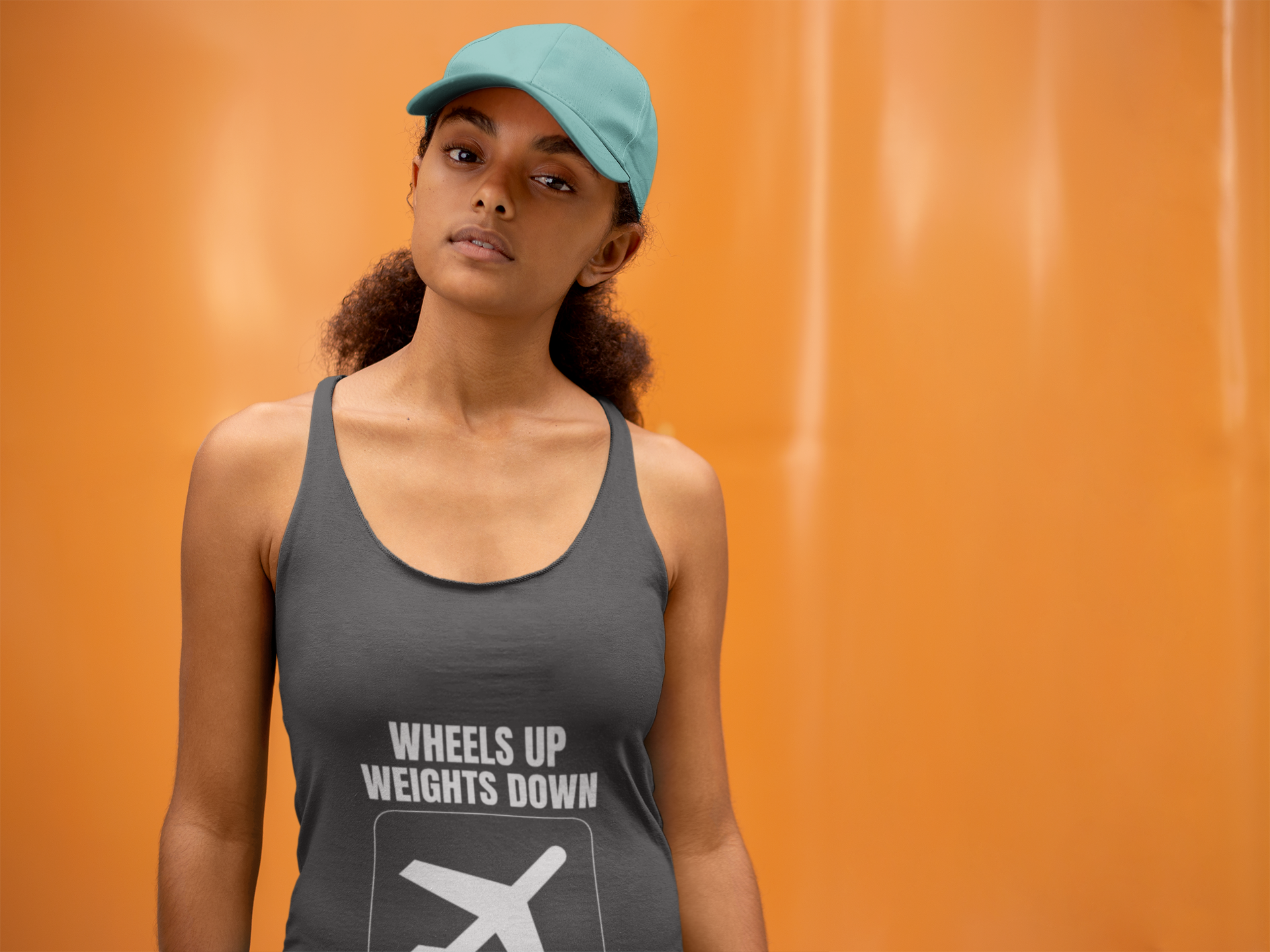 Vintage Black Wheels Up, Weights Down women's travel workout tank, designed by pilots for the road warrior on layover