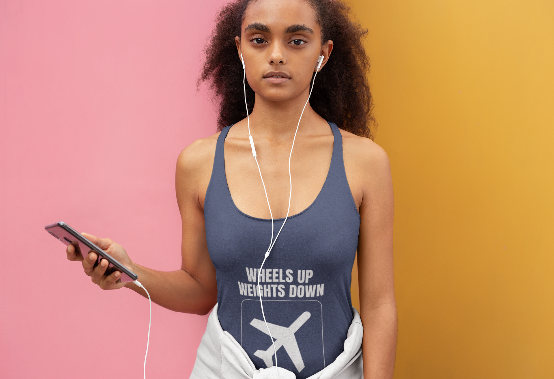 Vintage Navy Wheels Up, Weights Down women's travel workout tank — layover-ready capsule wardrobe from Dumbbells & Hotels