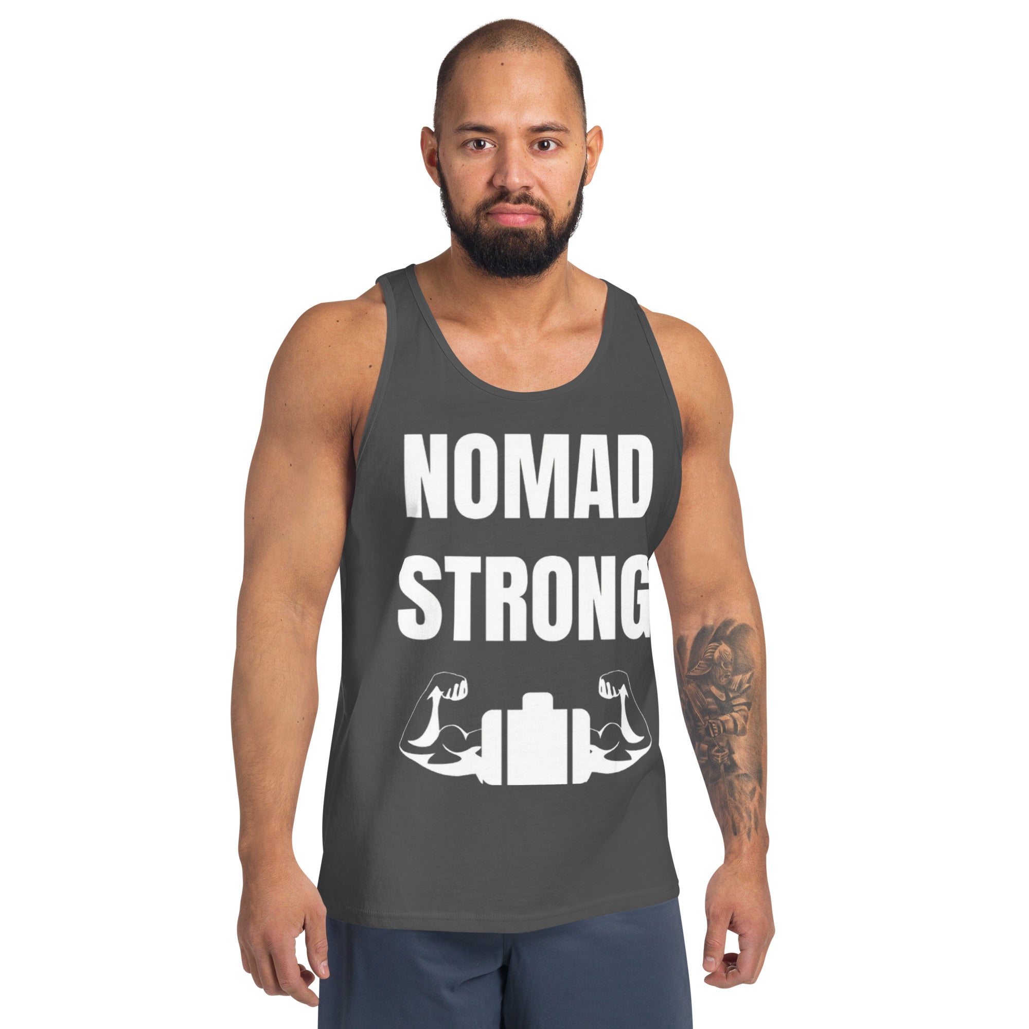 Nomad Strong unisex tank top — layover-ready training gear for road warriors