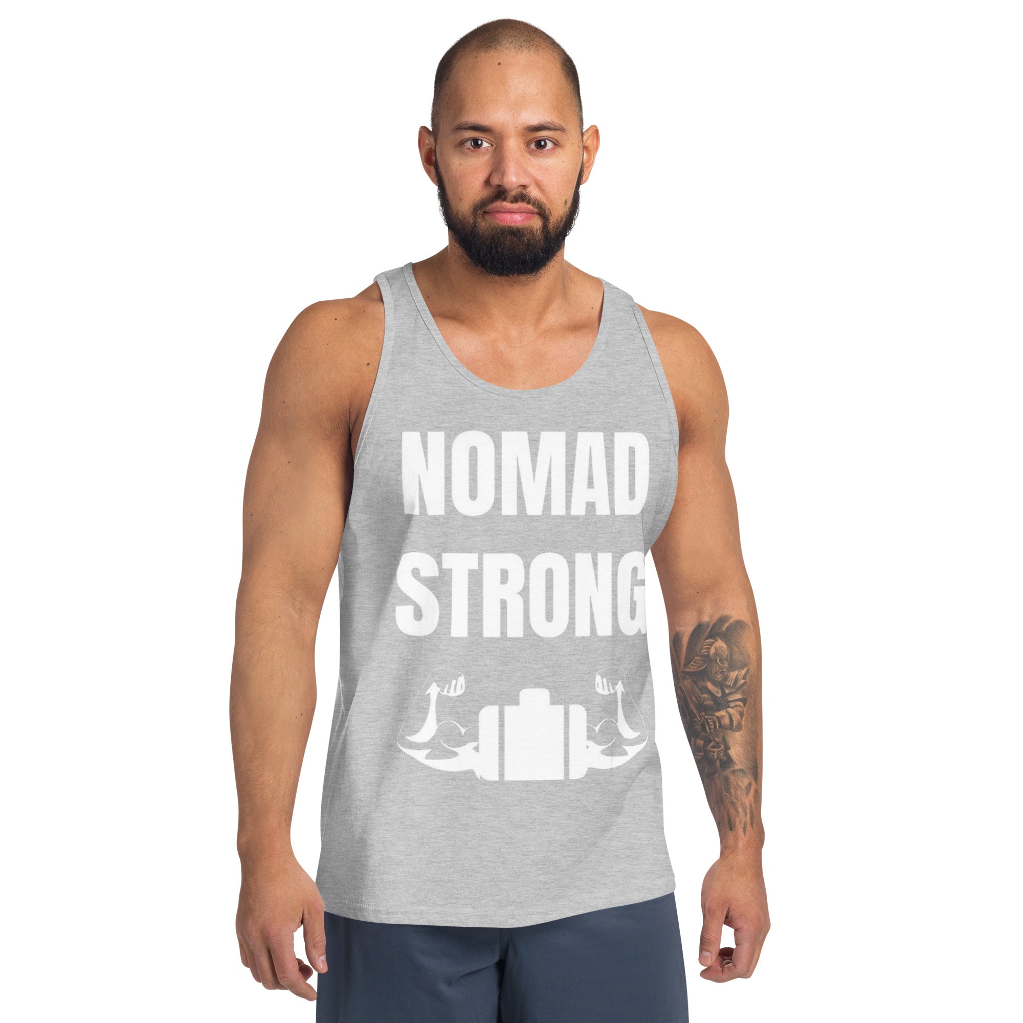 Nomad Strong unisex tank top — layover-ready training gear for road warriors