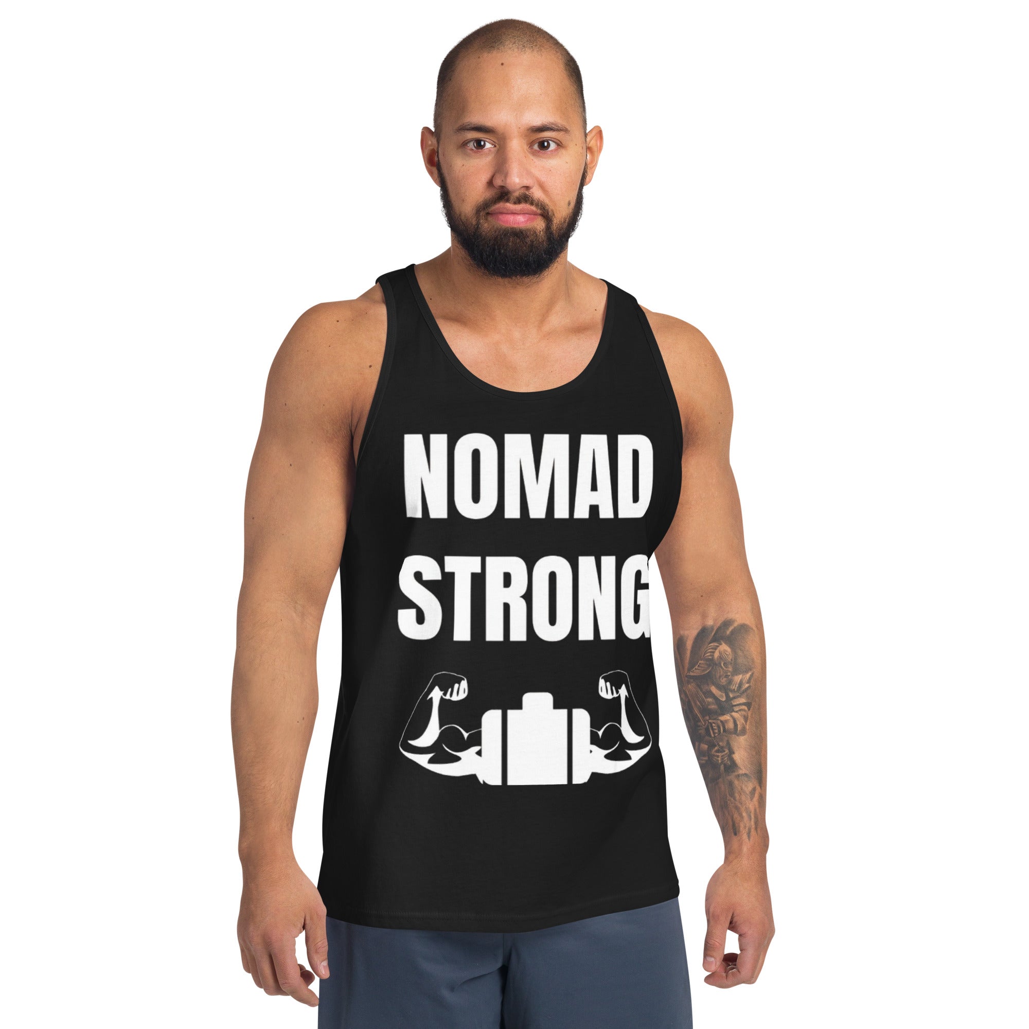 Nomad Strong unisex tank top — layover-ready training gear for road warriors