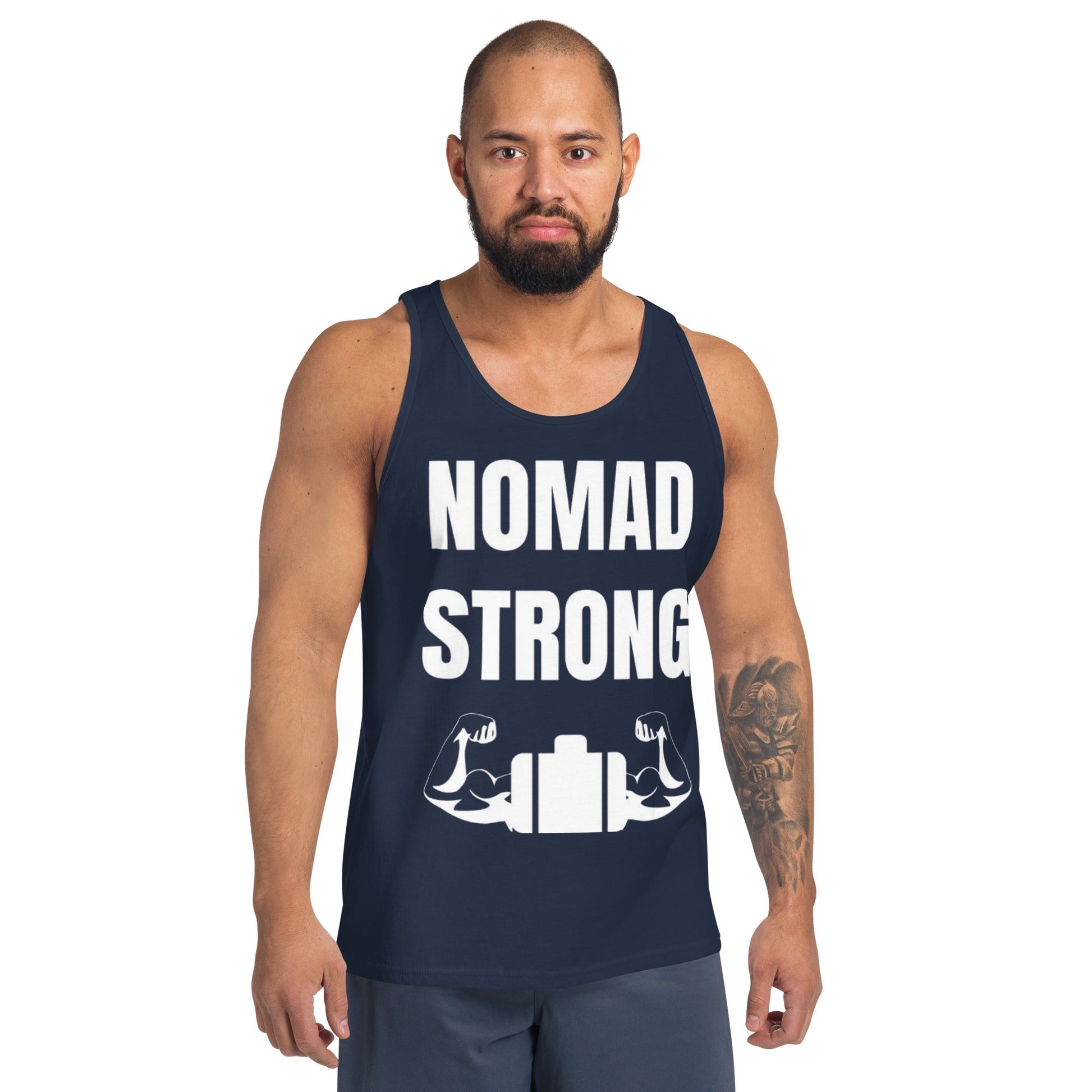 Nomad Strong unisex tank top — layover-ready training gear for road warriors