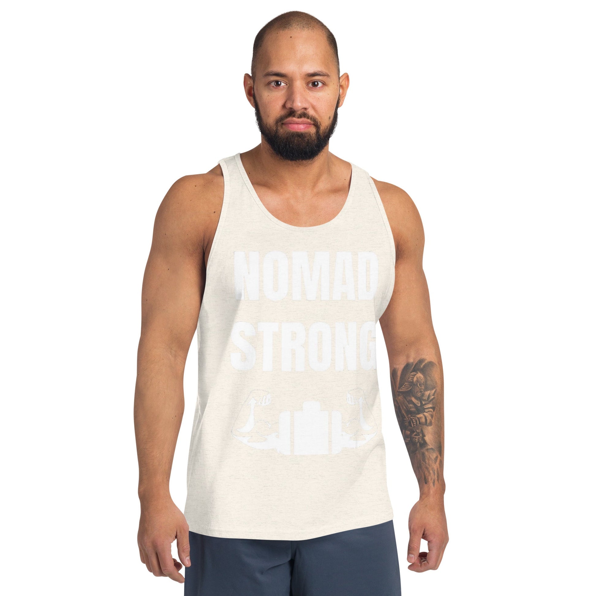 Nomad Strong unisex tank top — layover-ready training gear for road warriors