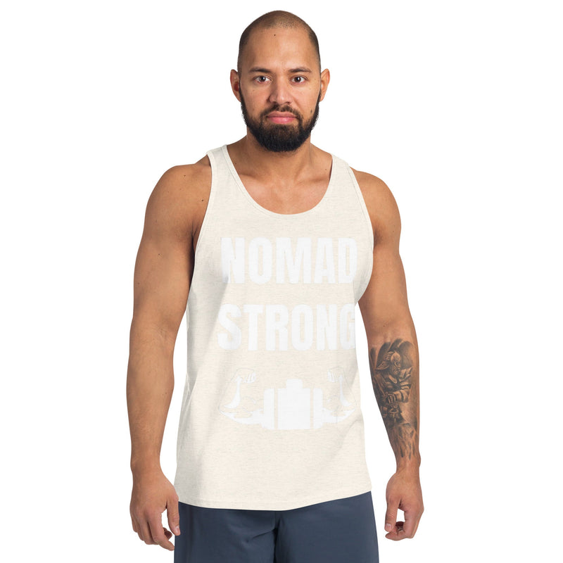Nomad Strong unisex tank top — layover-ready training gear for road warriors