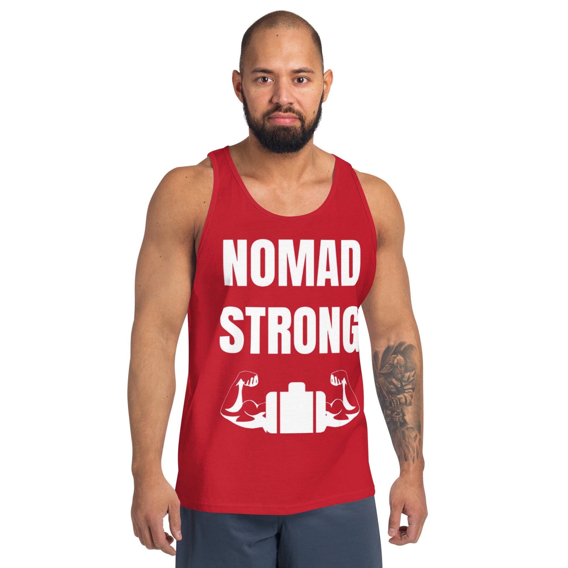 Nomad Strong unisex tank top — layover-ready training gear for road warriors