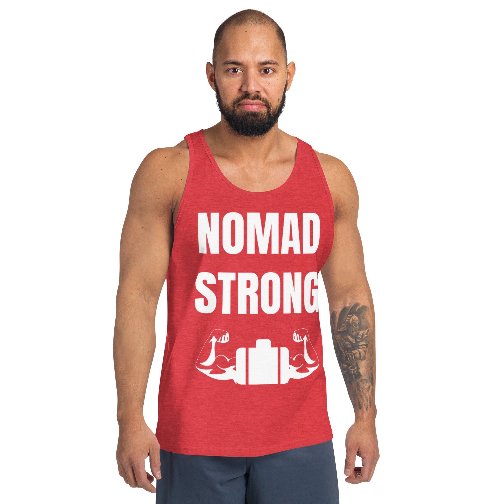 Nomad Strong unisex tank top — layover-ready training gear for road warriors