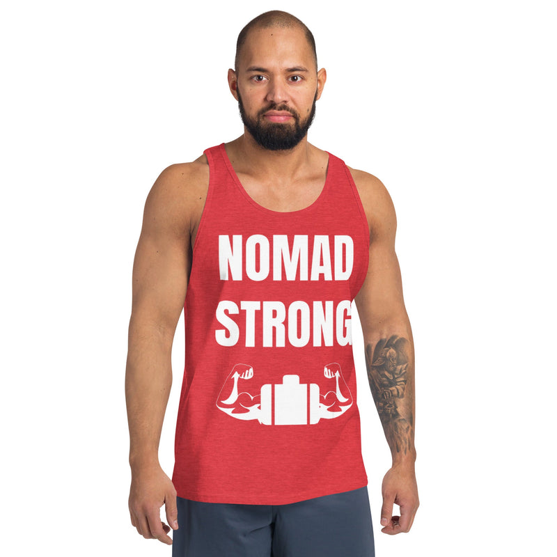 Nomad Strong unisex tank top — layover-ready training gear for road warriors