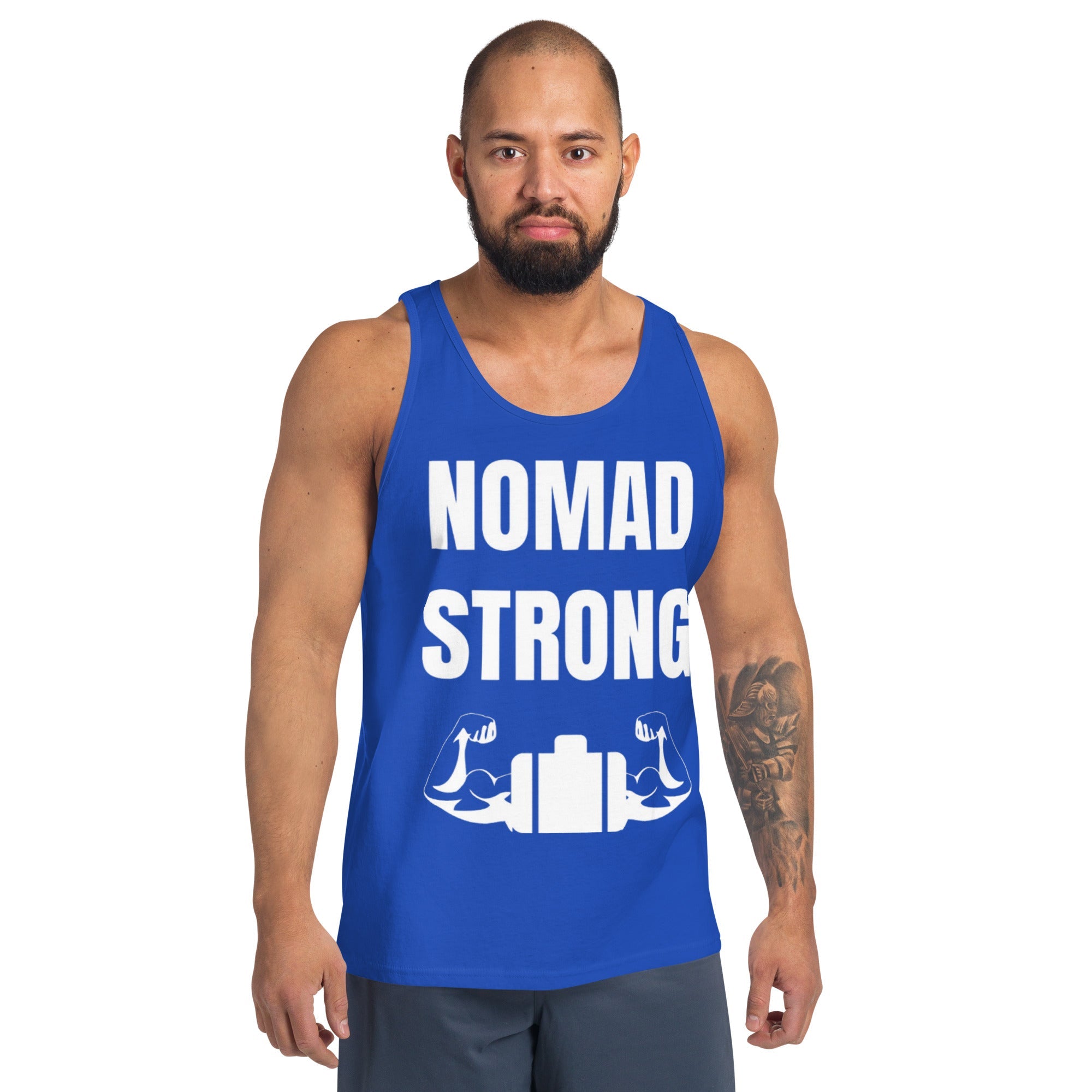 Nomad Strong unisex tank top — layover-ready training gear for road warriors