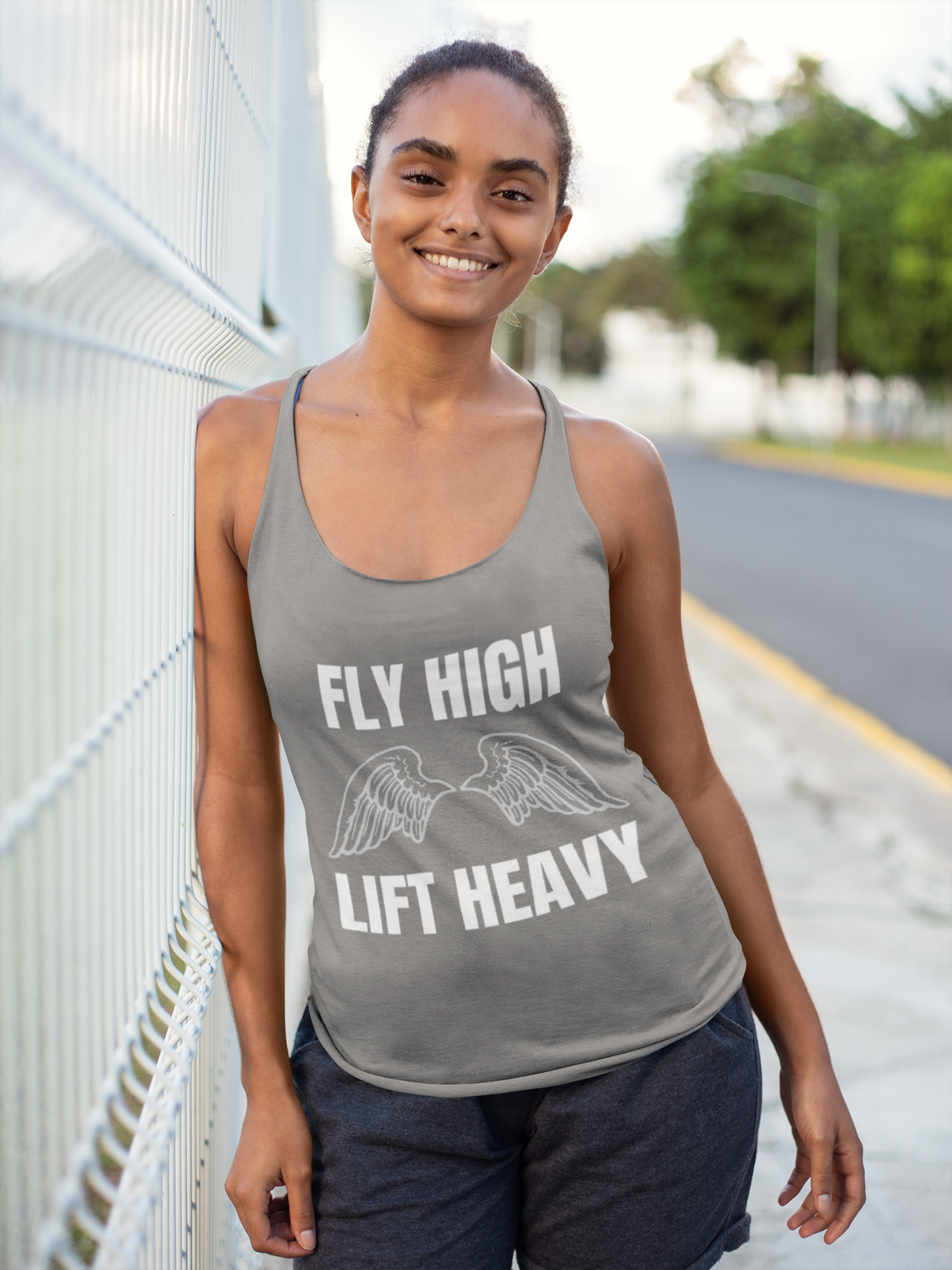 The Layover Racerback Tank Fly High Edition in Premium Heather | Women's Travel Fitness Tank Top | Dumbbells & Hotels
