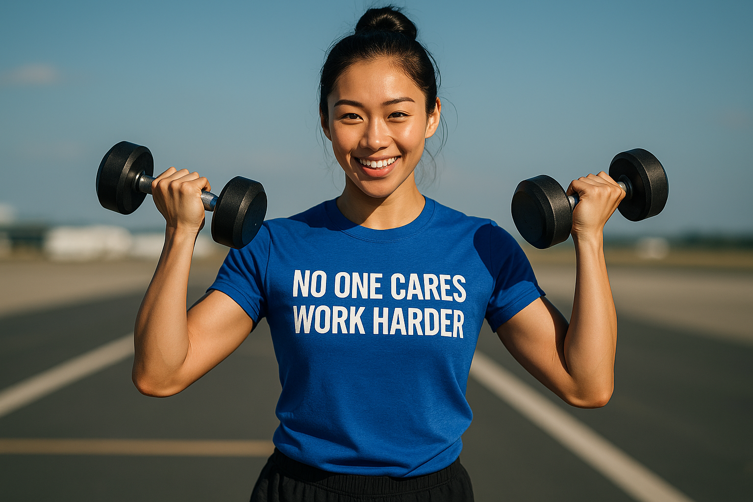 Print the words, "No One Cares Work Harder" on the shirt top center. "No one cares" on the first line. "Work harder" on the second line. All letters, all caps.