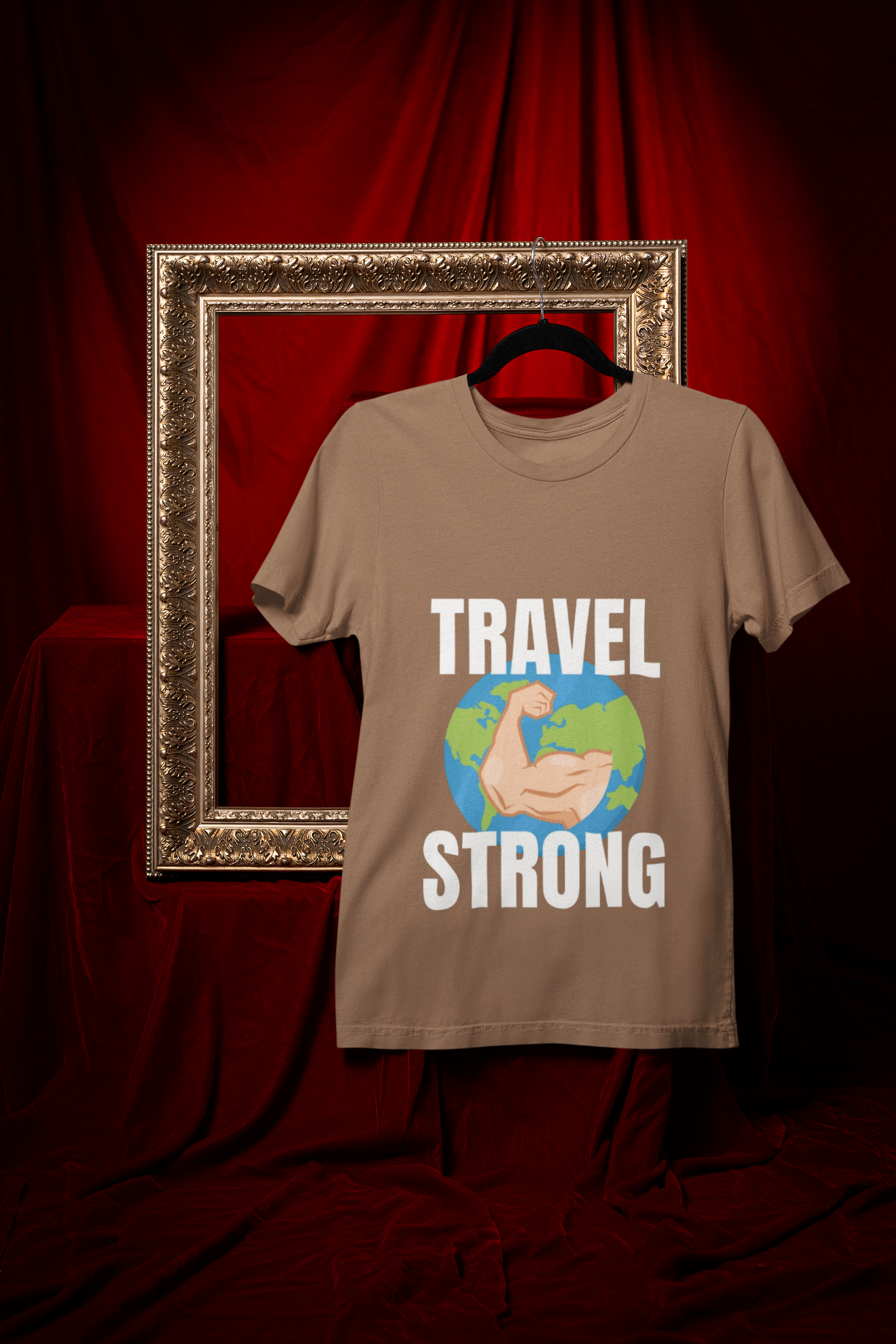 Travel Strong unisex t-shirt in Brown Savana hanging in vintage frame — designed by pilots for the hotel gym