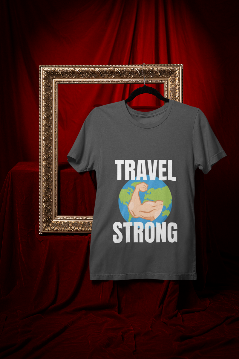 Travel Strong unisex t-shirt in Charcoal hanging in vintage frame — designed by pilots for the hotel gym