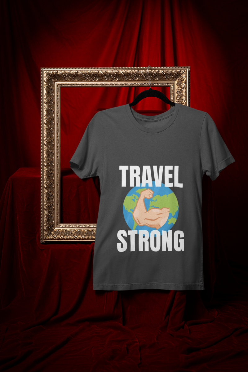 Travel Strong unisex t-shirt in Dark Heather hanging in vintage frame — designed by pilots for the hotel gym
