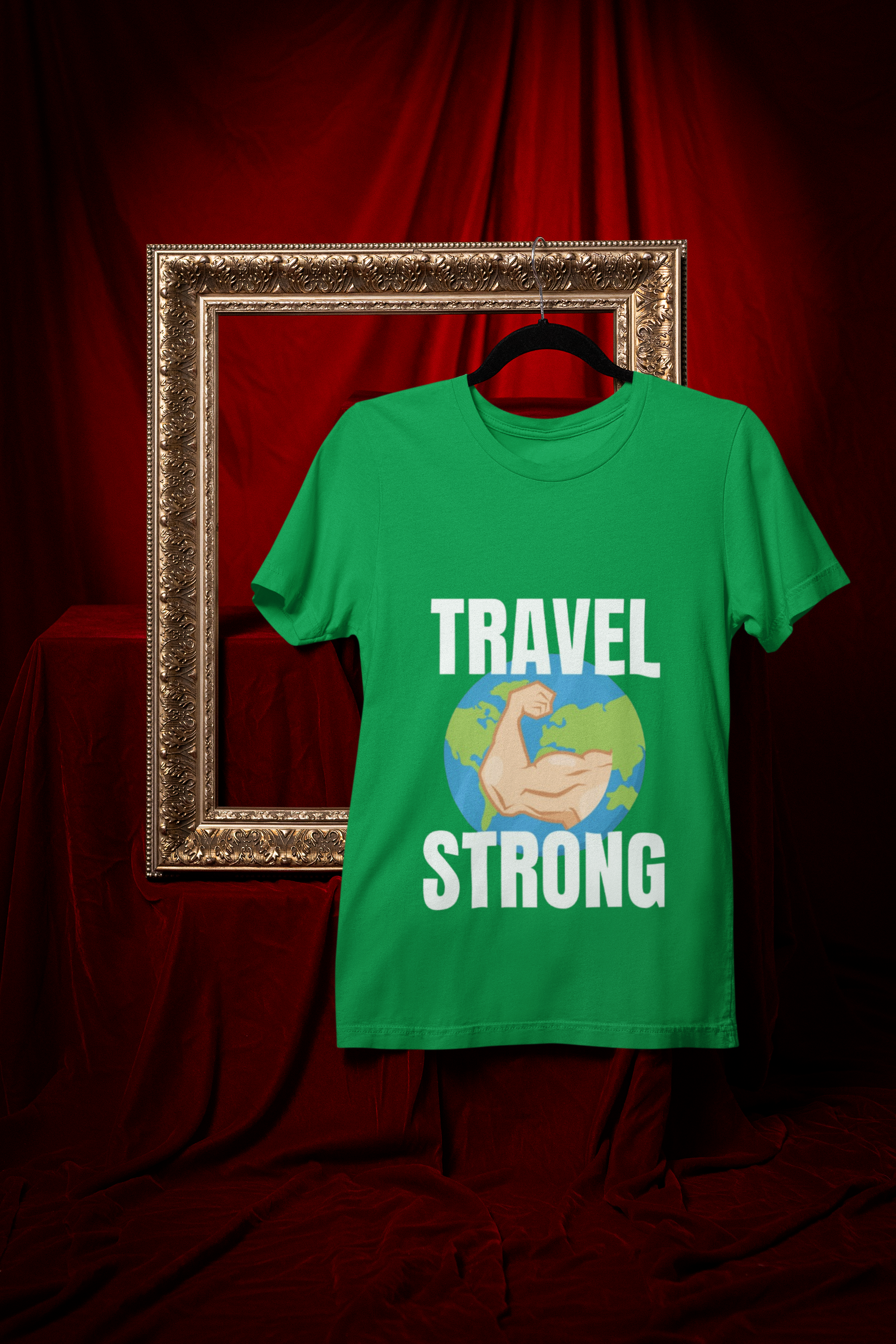 Travel Strong unisex t-shirt in Irish Green hanging in vintage frame — designed by pilots for the hotel gym