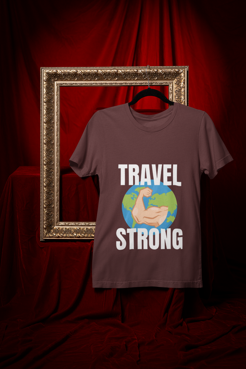 Travel Strong unisex t-shirt in Maroon hanging in vintage frame — designed by pilots for the hotel gym