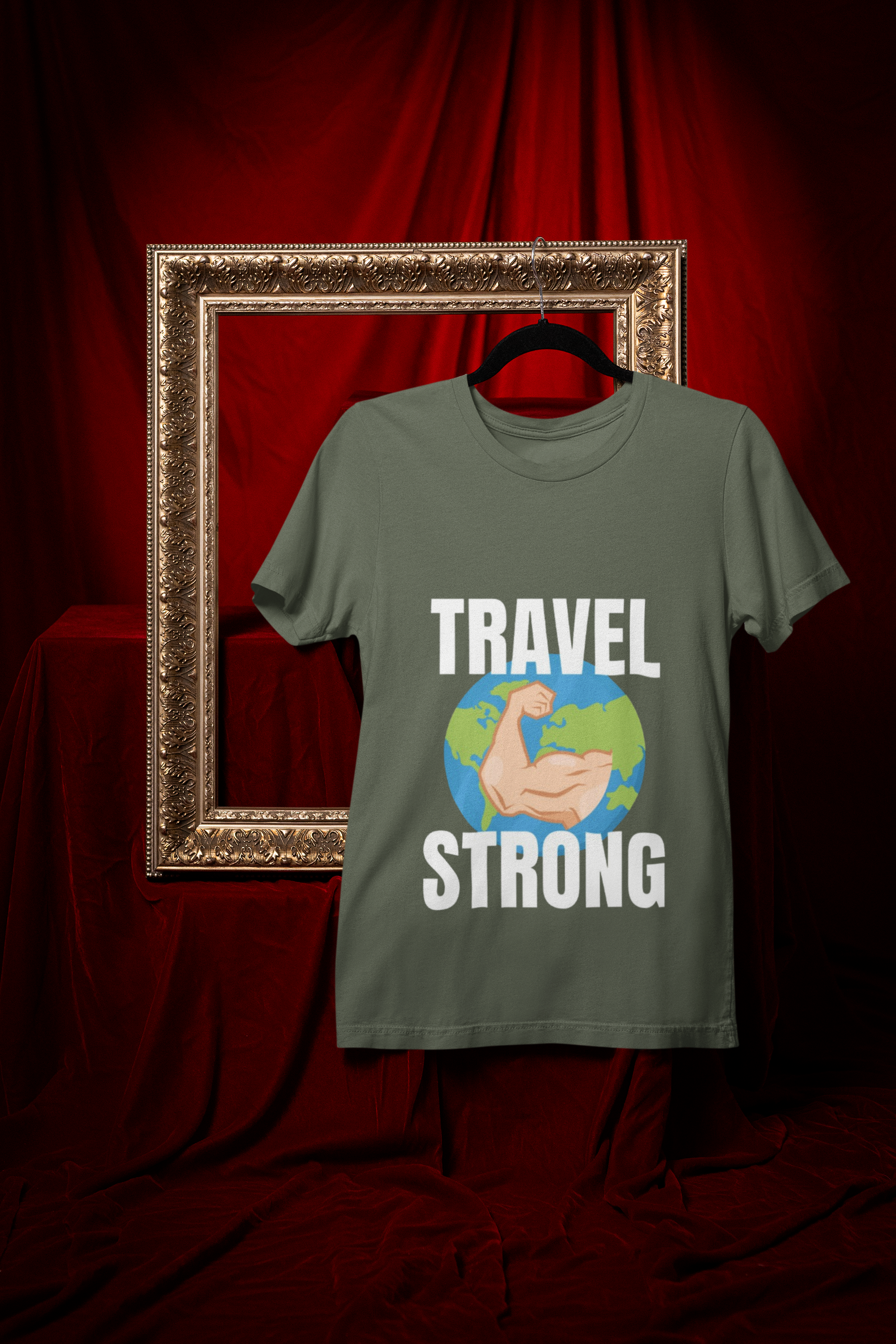 Travel Strong unisex t-shirt in Military Green hanging in vintage frame — designed by pilots for the hotel gym