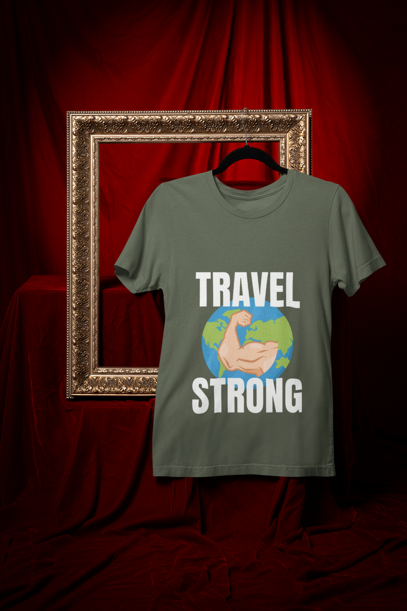 Travel Strong unisex t-shirt in Military Green hanging in vintage frame — designed by pilots for the hotel gym