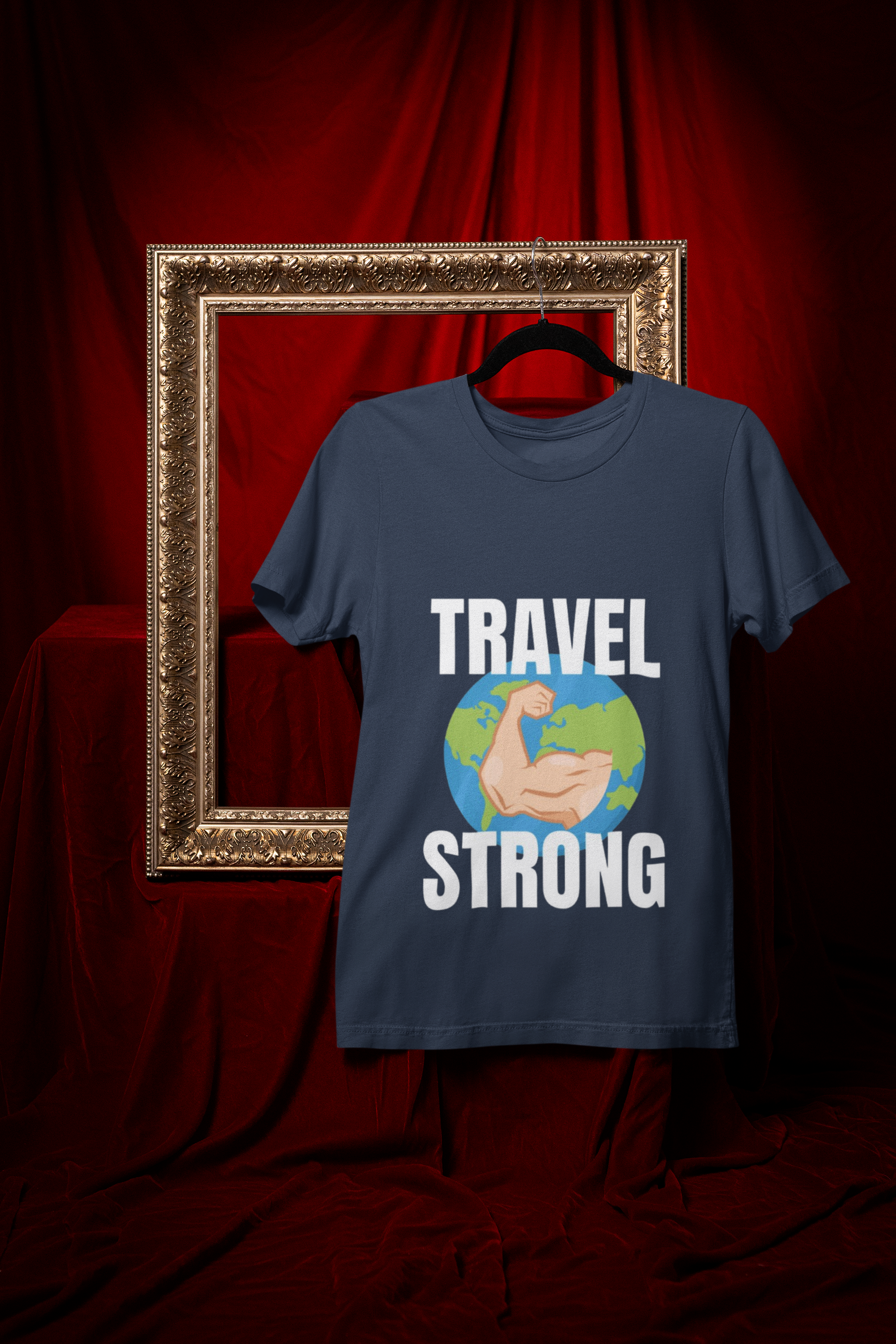Travel Strong unisex t-shirt in Navy hanging in vintage frame — designed by pilots for the hotel gym