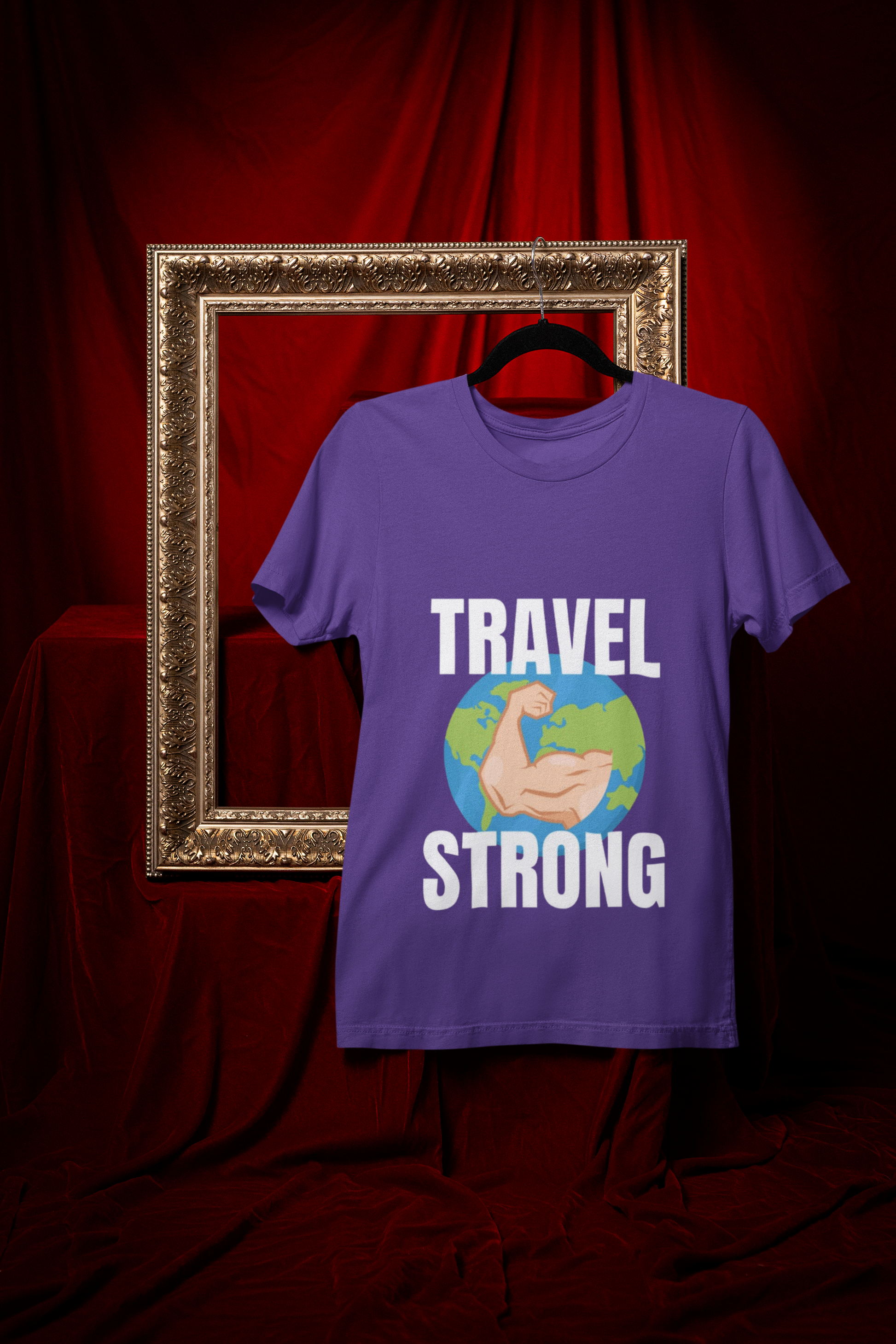 Travel Strong unisex t-shirt in Purple hanging in vintage frame — designed by pilots for the hotel gym