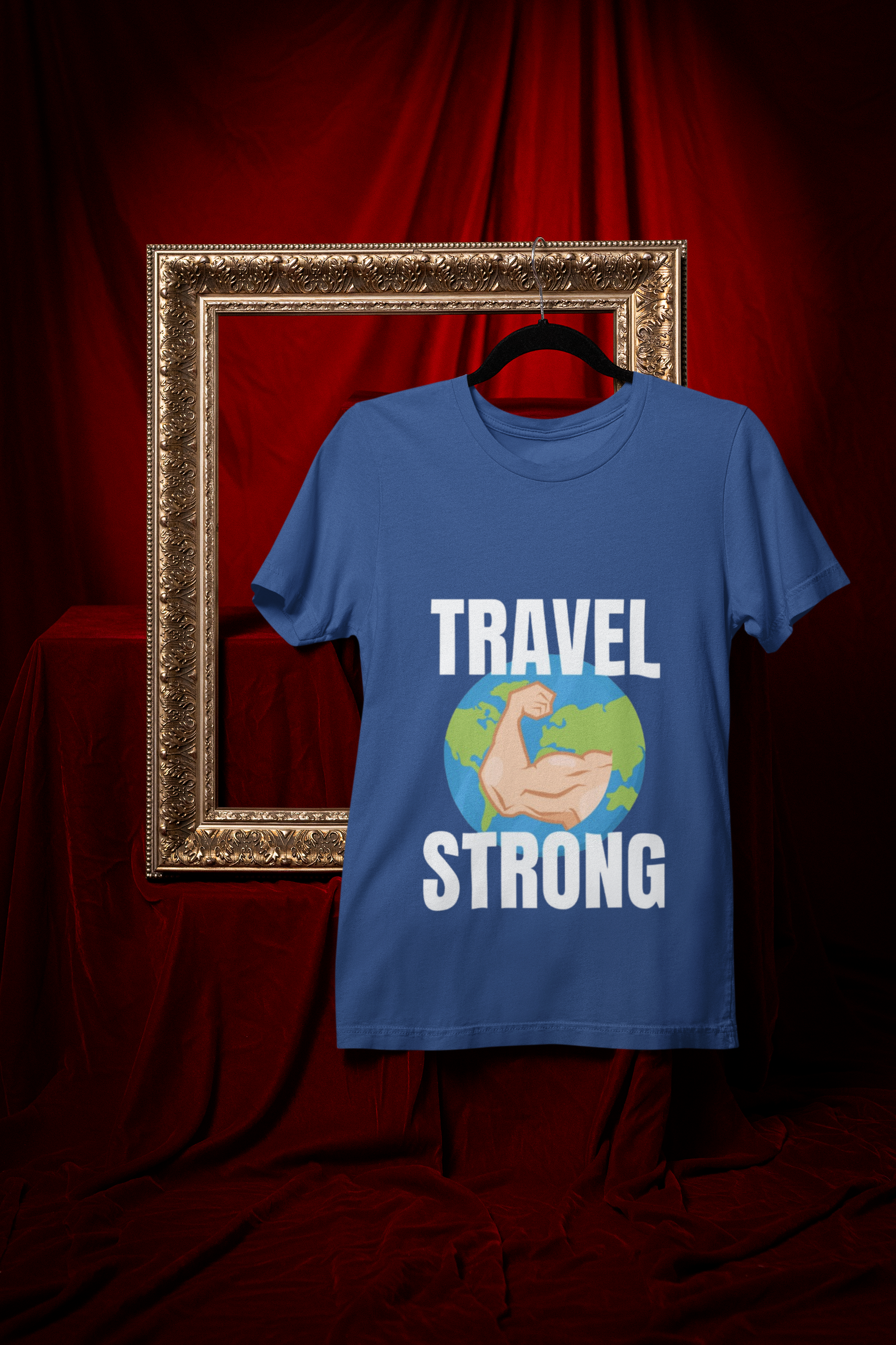 Travel Strong unisex t-shirt in Royal hanging in vintage frame — designed by pilots for the hotel gym