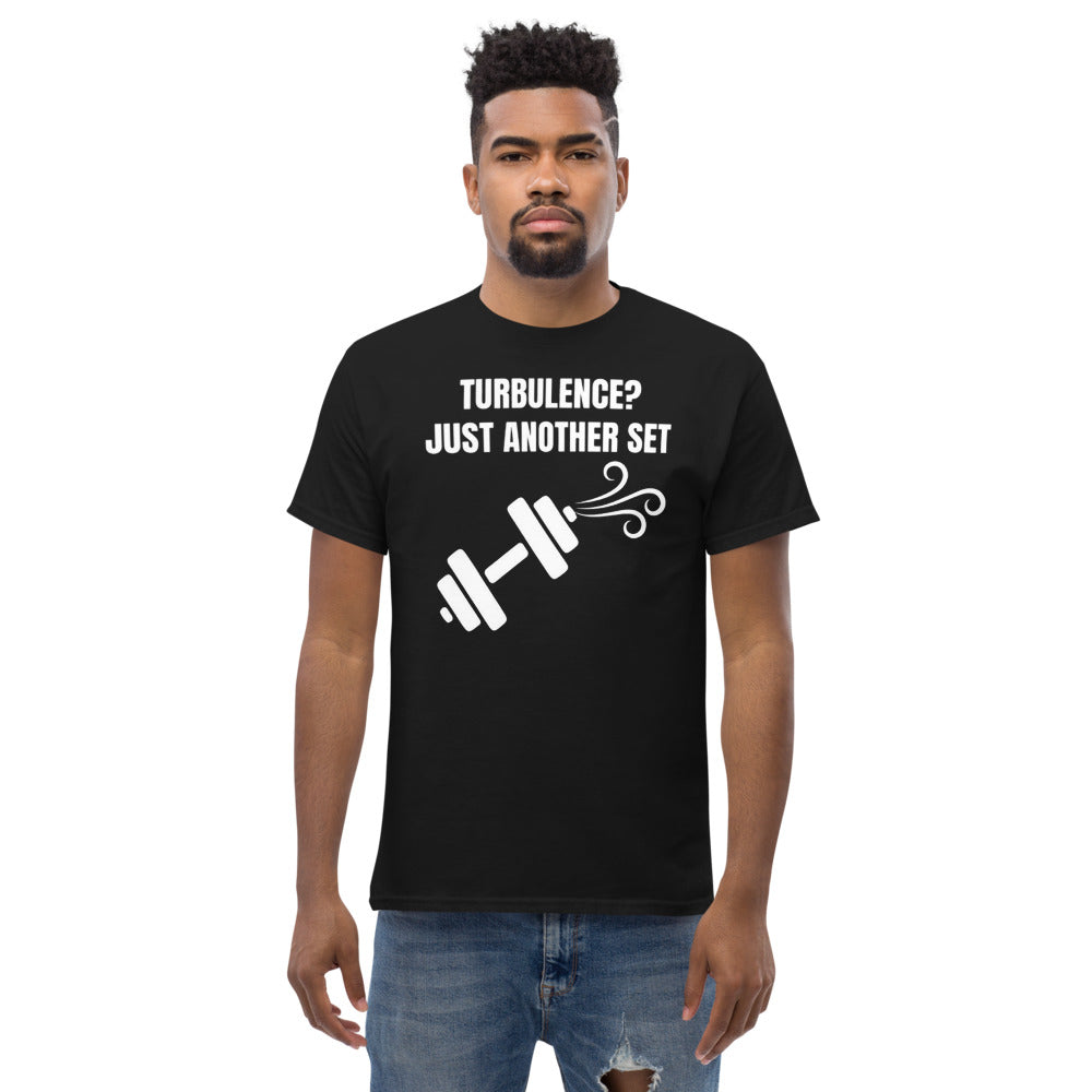 Dumbbells and Hotels Turbulence? Just Another Set Black travel gym t-shirt model lifestyle hotel gym apparel pilot designed veteran founded