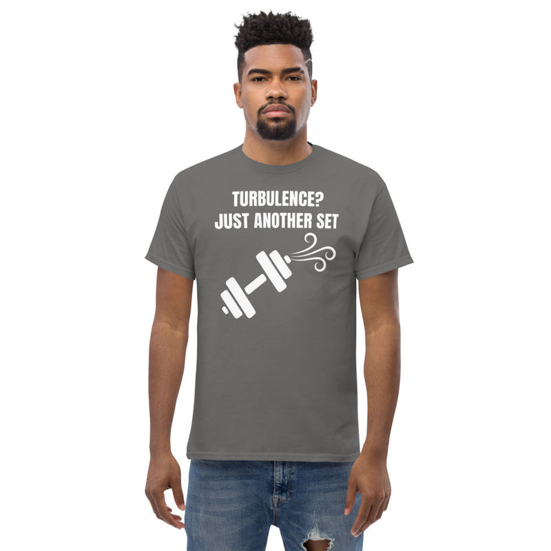 Dumbbells and Hotels Turbulence? Just Another Set Charcoal travel gym t-shirt model lifestyle hotel gym apparel pilot designed veteran founded