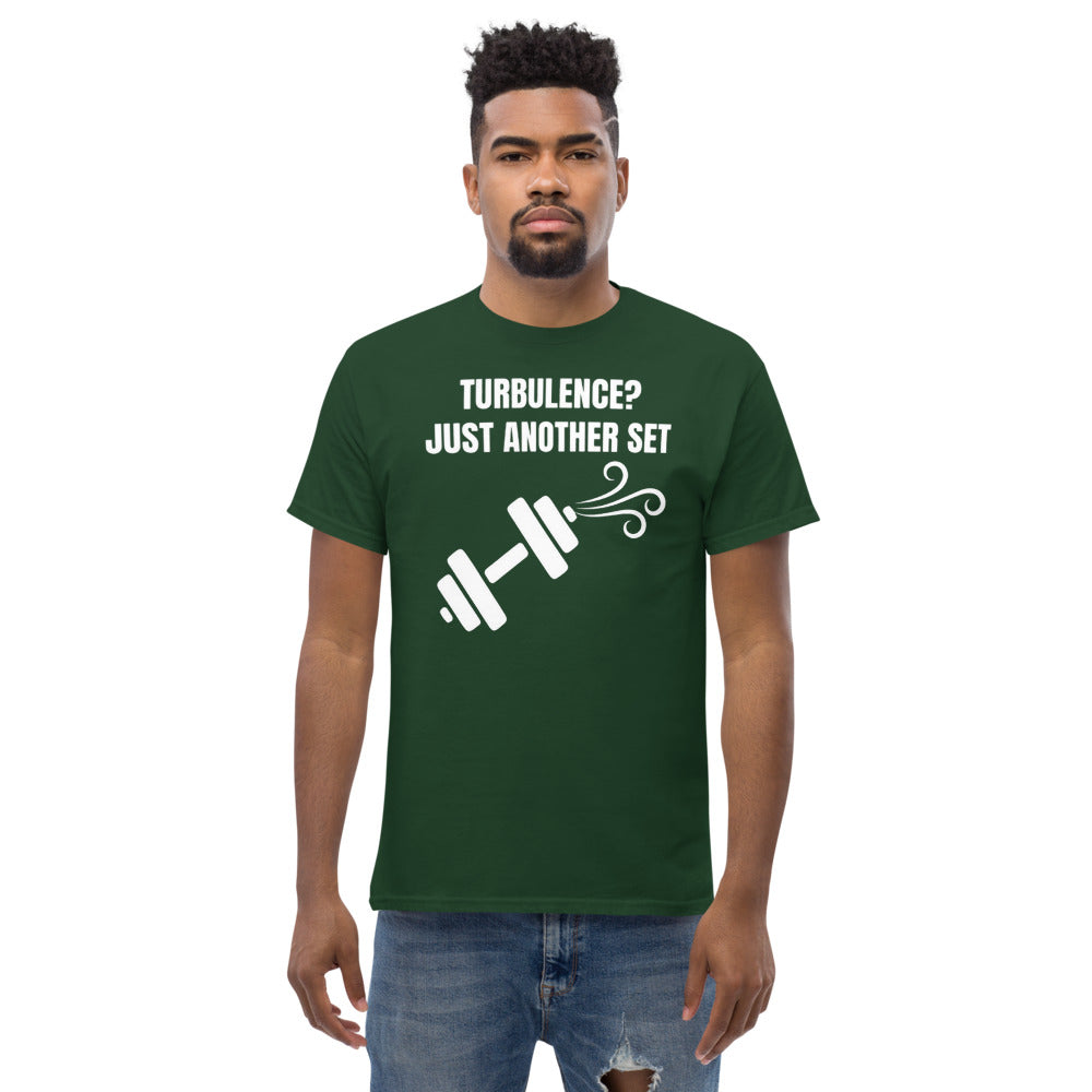 Dumbbells and Hotels Turbulence? Just Another Set Forest Green travel gym t-shirt model lifestyle hotel gym apparel pilot designed veteran founded