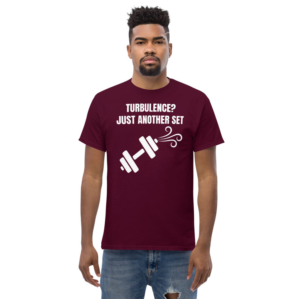 Dumbbells and Hotels Turbulence? Just Another Set Maroon travel gym t-shirt model lifestyle hotel gym apparel pilot designed veteran founded