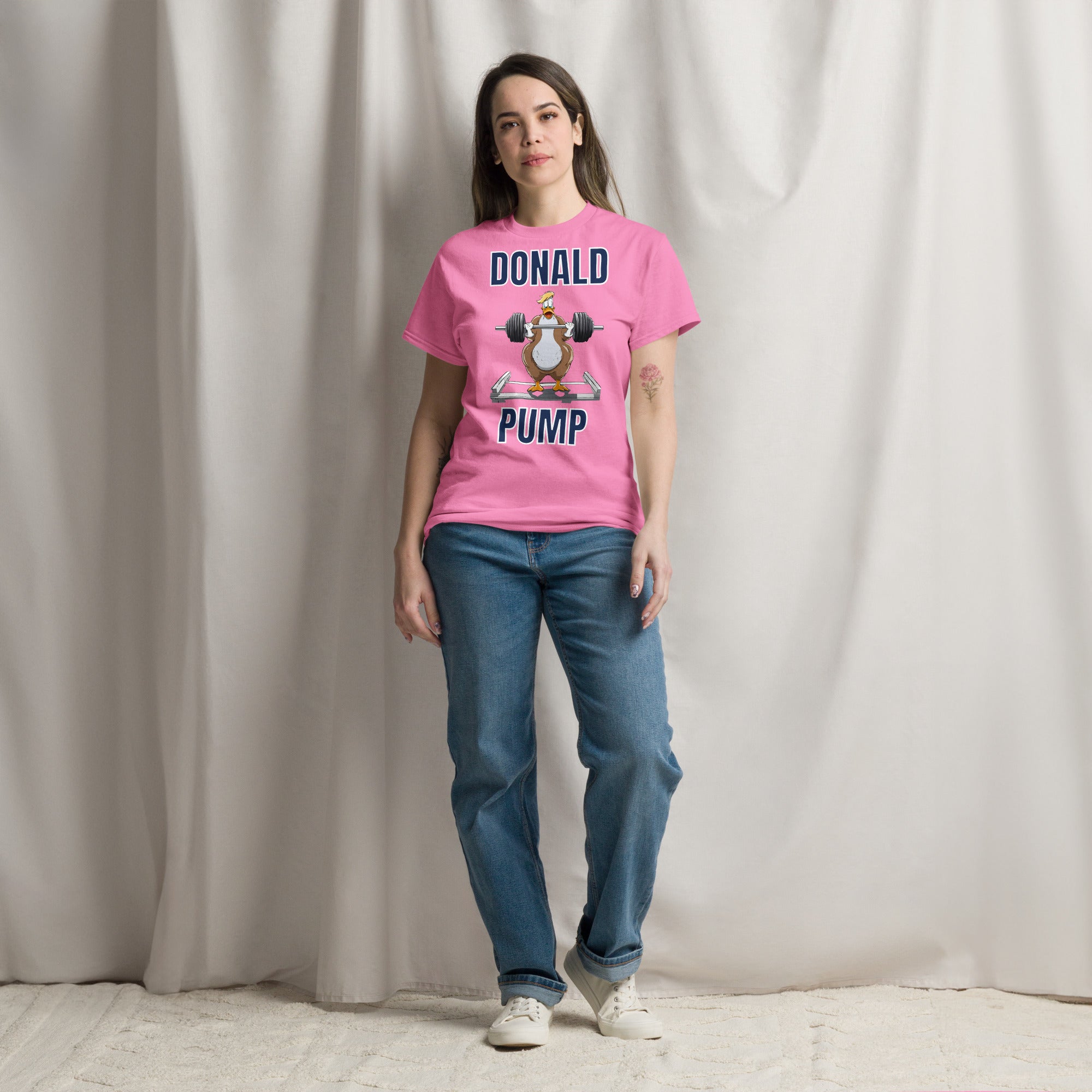 "Donald Pump" Unisex Classic Tee Blue Text Lifting Duck by Dumbbells and Hotels