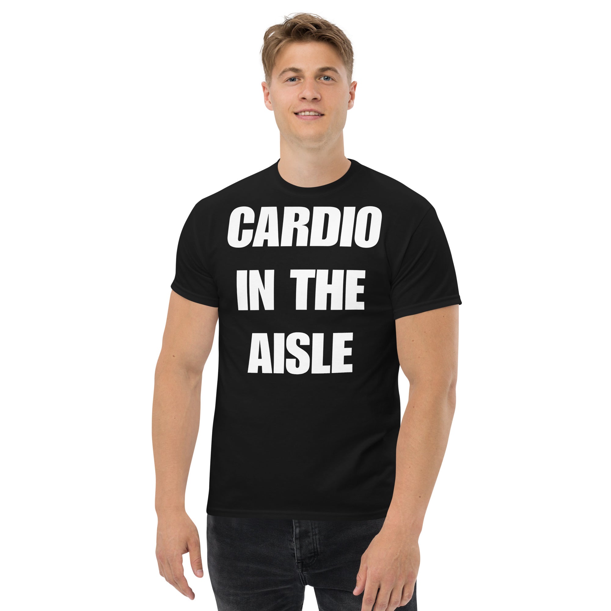 Cardio in the Aisle | travel workout tee in Black (front view) — layover-ready travel fitness apparel by Dumbbells & Hotels