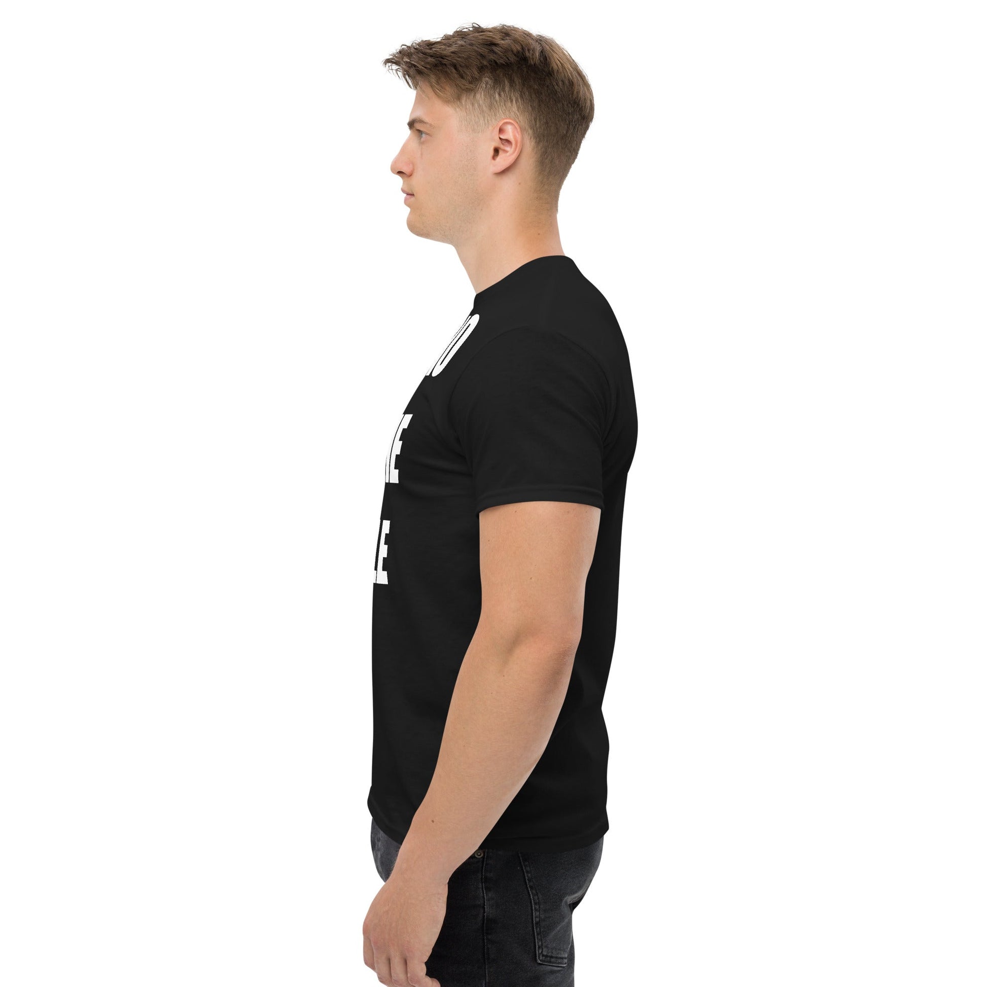 Cardio in the Aisle | travel workout tee in Black (left side) — layover-ready travel fitness apparel by Dumbbells & Hotels