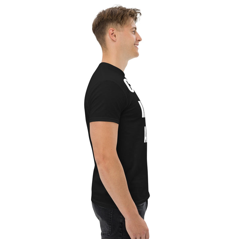 Cardio in the Aisle | travel workout tee in Black (right side) — layover-ready travel fitness apparel by Dumbbells & Hotels