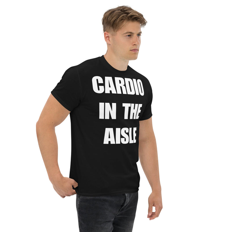Cardio in the Aisle | travel workout tee in Black (right front angle) — layover-ready travel fitness apparel by Dumbbells & Hotels