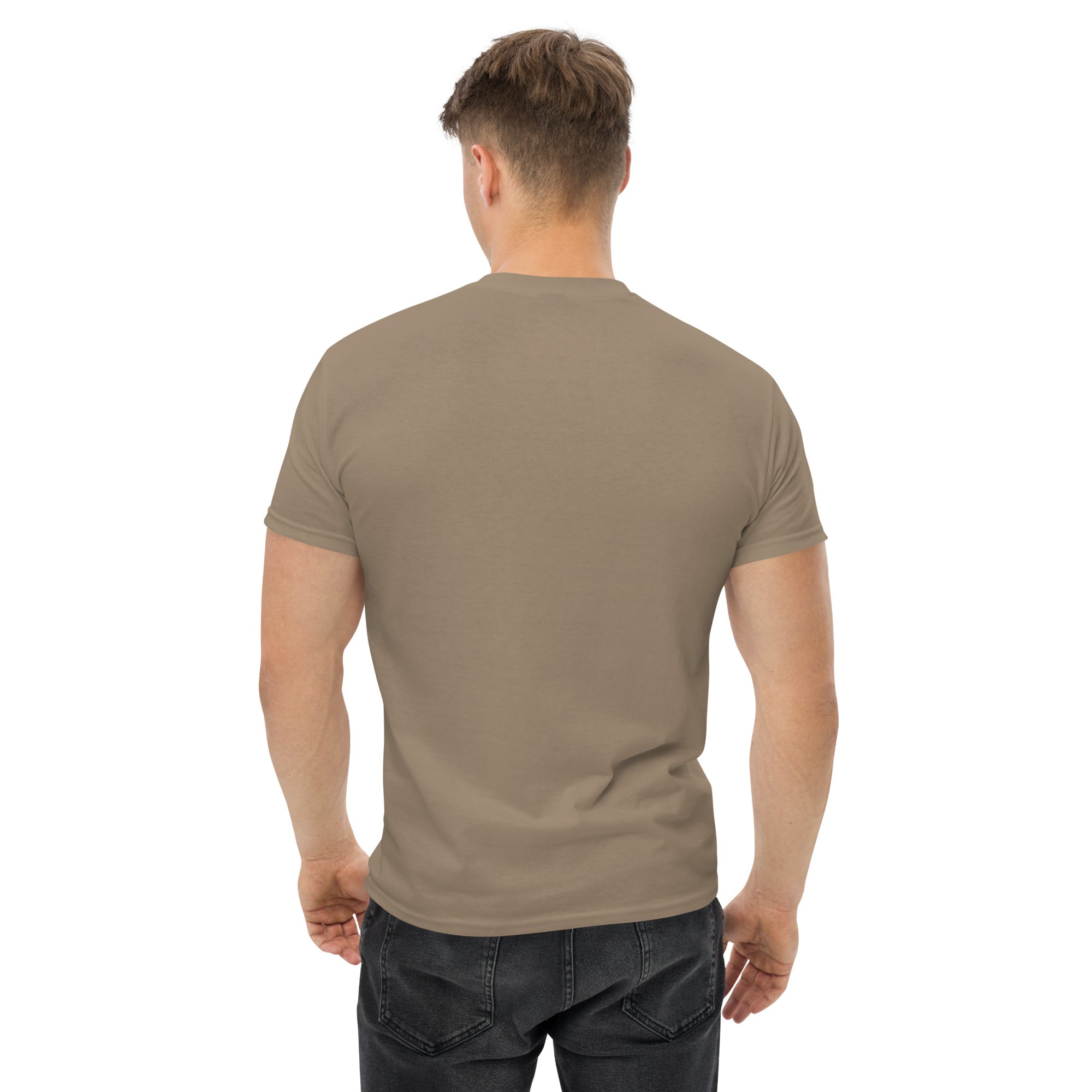 Cardio in the Aisle | travel workout tee in Brown (back view) — layover-ready travel fitness apparel by Dumbbells & Hotels