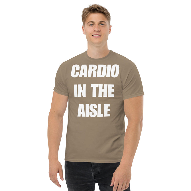 Cardio in the Aisle | travel workout tee in Brown (front view) — layover-ready travel fitness apparel by Dumbbells & Hotels