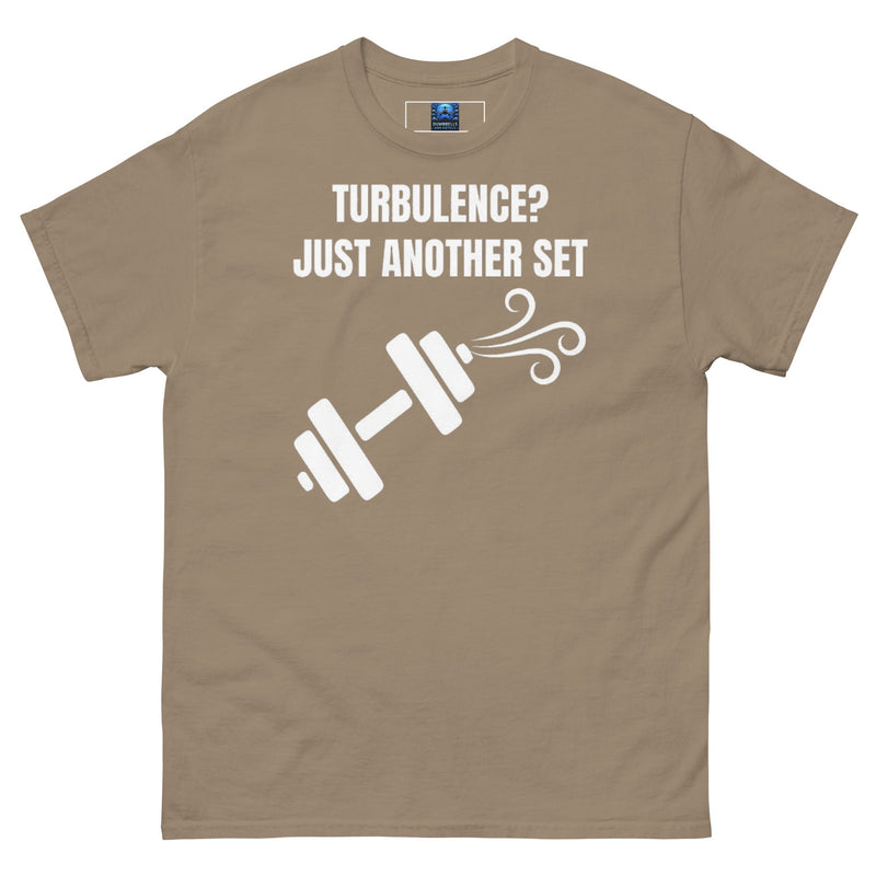 Dumbbells and Hotels Turbulence? Just Another Set Brown Savana travel gym t-shirt front view veteran founded pilot designed hotel gym apparel