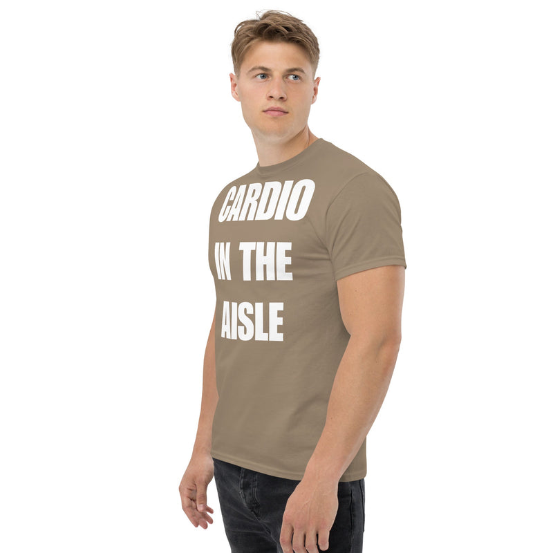 Cardio in the Aisle | travel workout tee in Brown (left front angle) — layover-ready travel fitness apparel by Dumbbells & Hotels