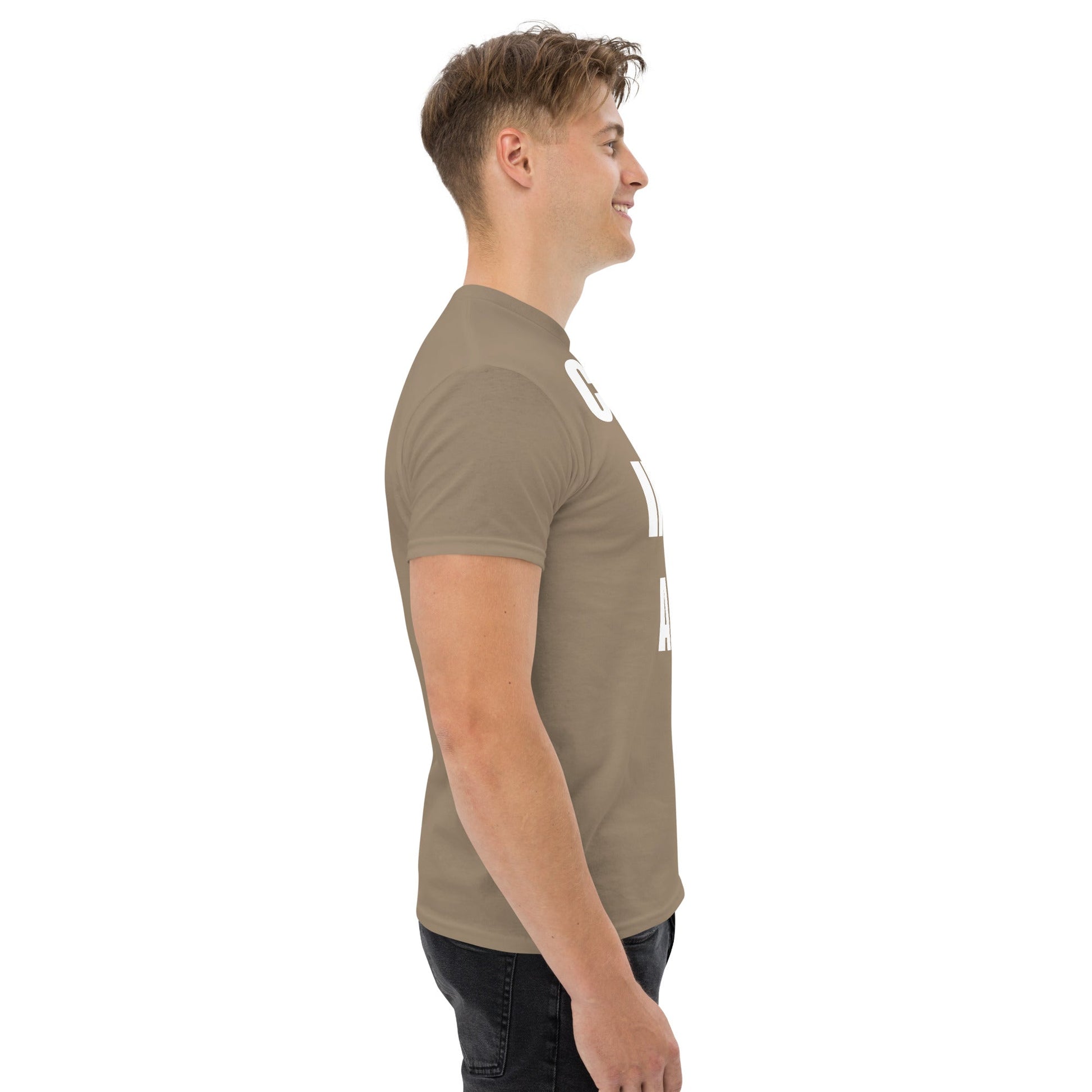 Cardio in the Aisle | travel workout tee in Brown (right side) — layover-ready travel fitness apparel by Dumbbells & Hotels